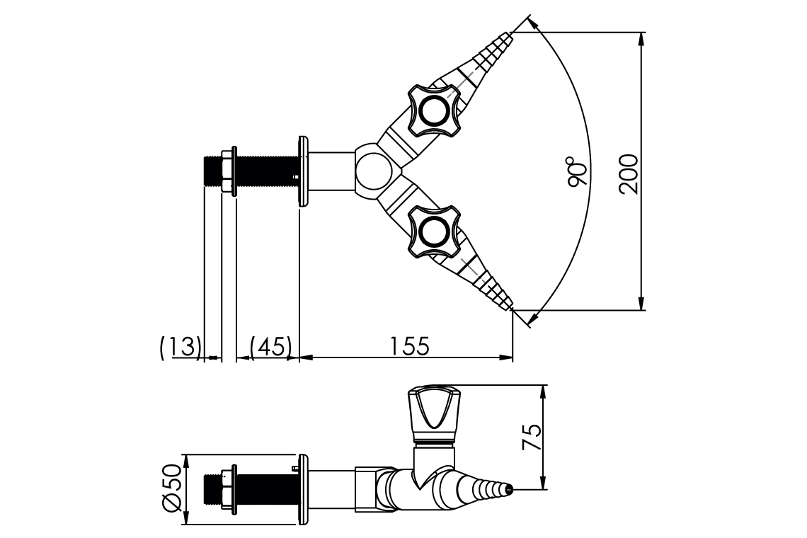 Slimline Two Way Straight 90 Degree Wall Mounted Laboratory Tap