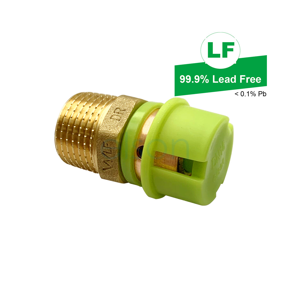 A brass dual male adaptor with green O-rings, labeled as '99.9% Lead Free' and having 1.000% Purity.