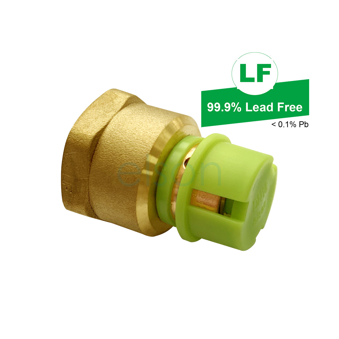 A gold-colored brass dual female adaptor with a green sealing ring, labeled as 99.9% lead-free.