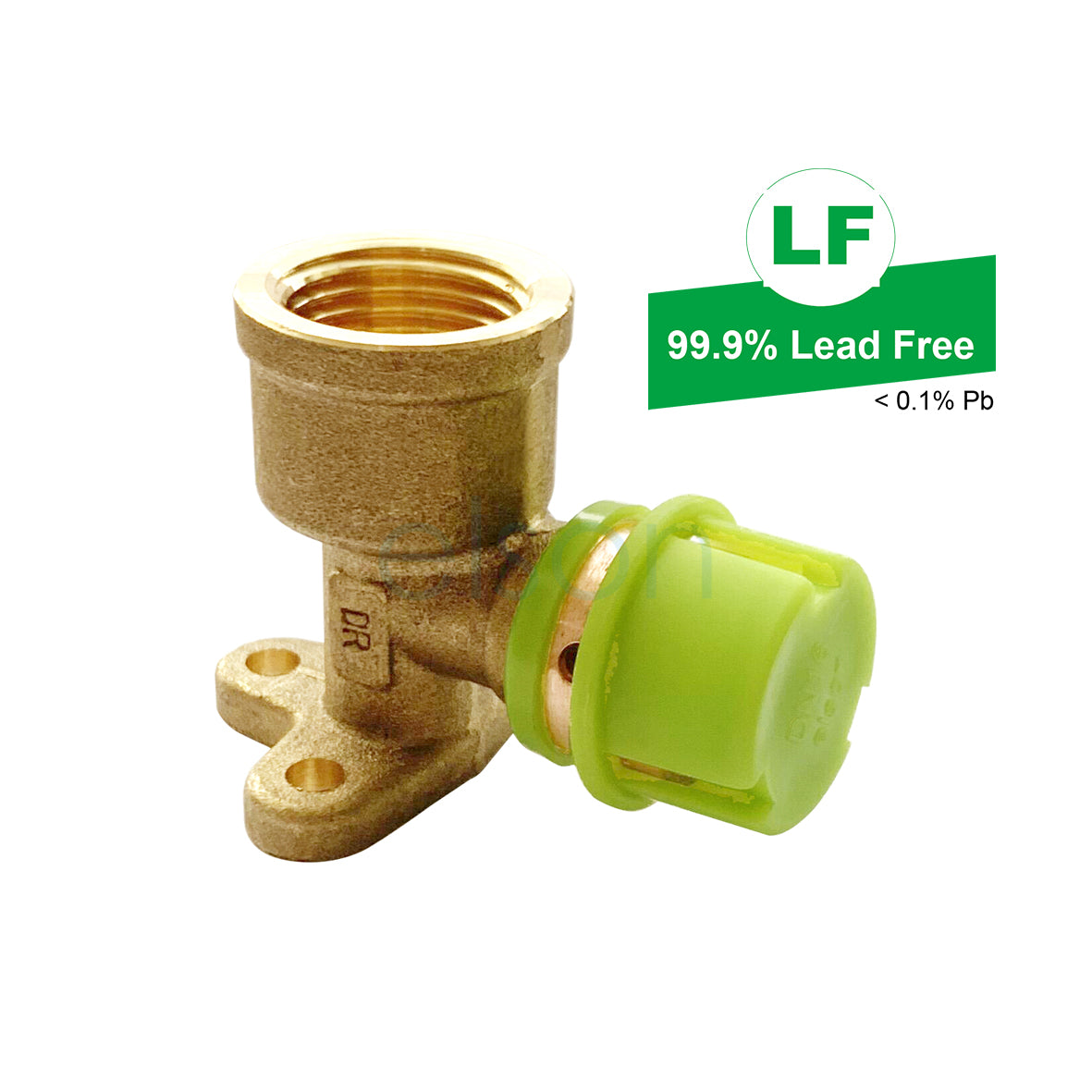 A brass colored elbow fitting with a green rubber part, labeled as '99.9% Lead Free' and '0.0001% Pb'.