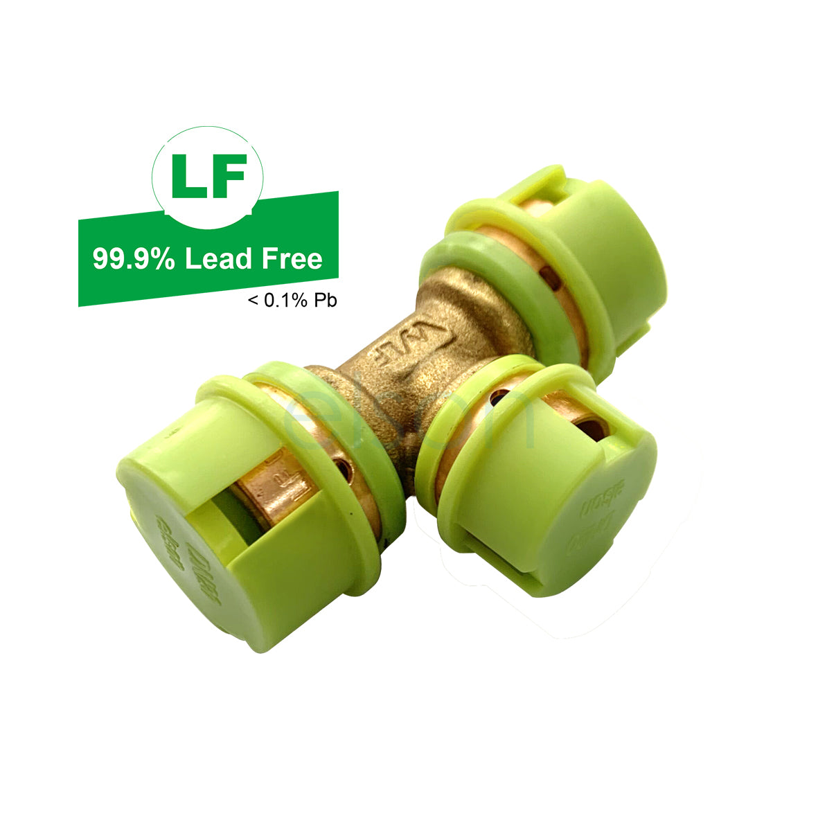 A green and yellow brass crimp fitting for water and gas lines with a '99.9% lead free' label.