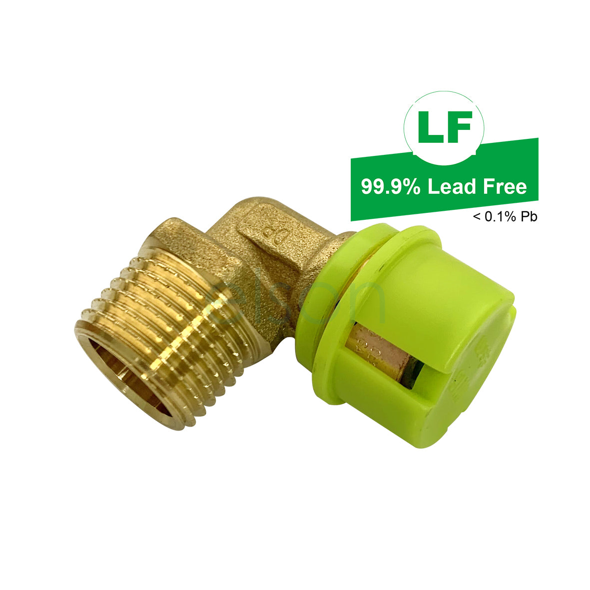 A brass dual male elbow fitting with a green plastic cover, marked as 99.9% lead free.