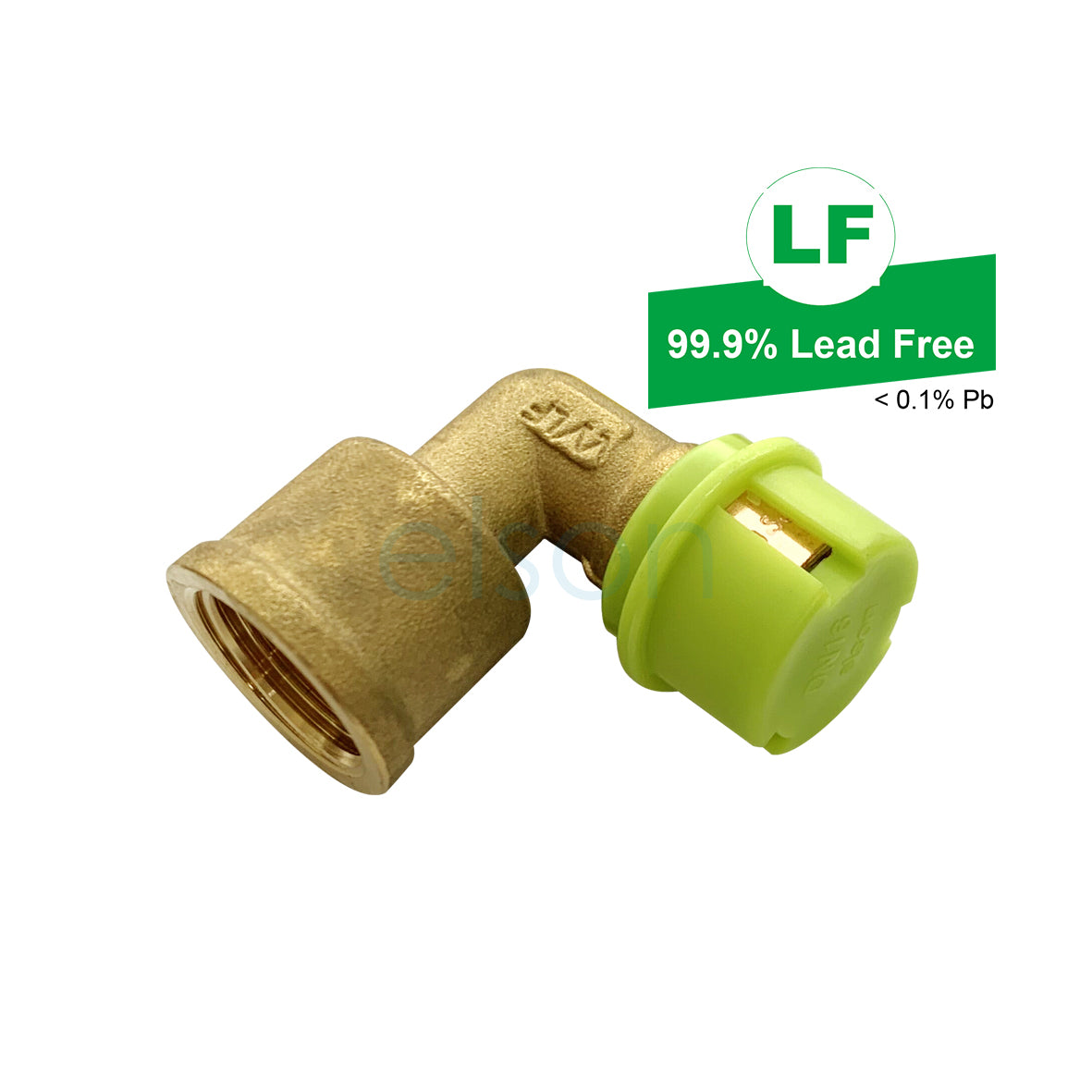 A brass dual female elbow fitting with a green seal, labeled as 99.9% lead-free.