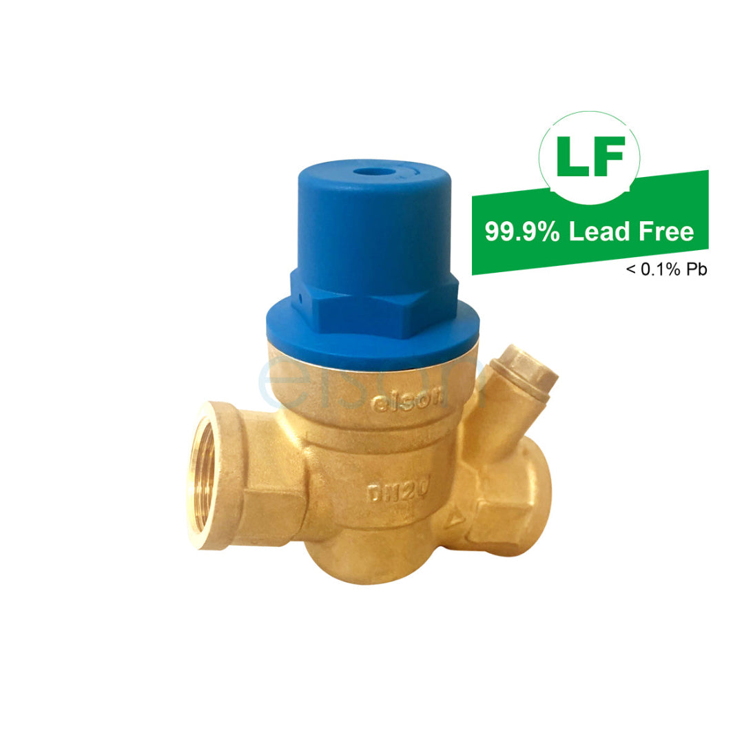 A 20mm pressure reducing valve with blue body and brass fittings, labeled with '99.9% lead free' and 0.1% porosity.