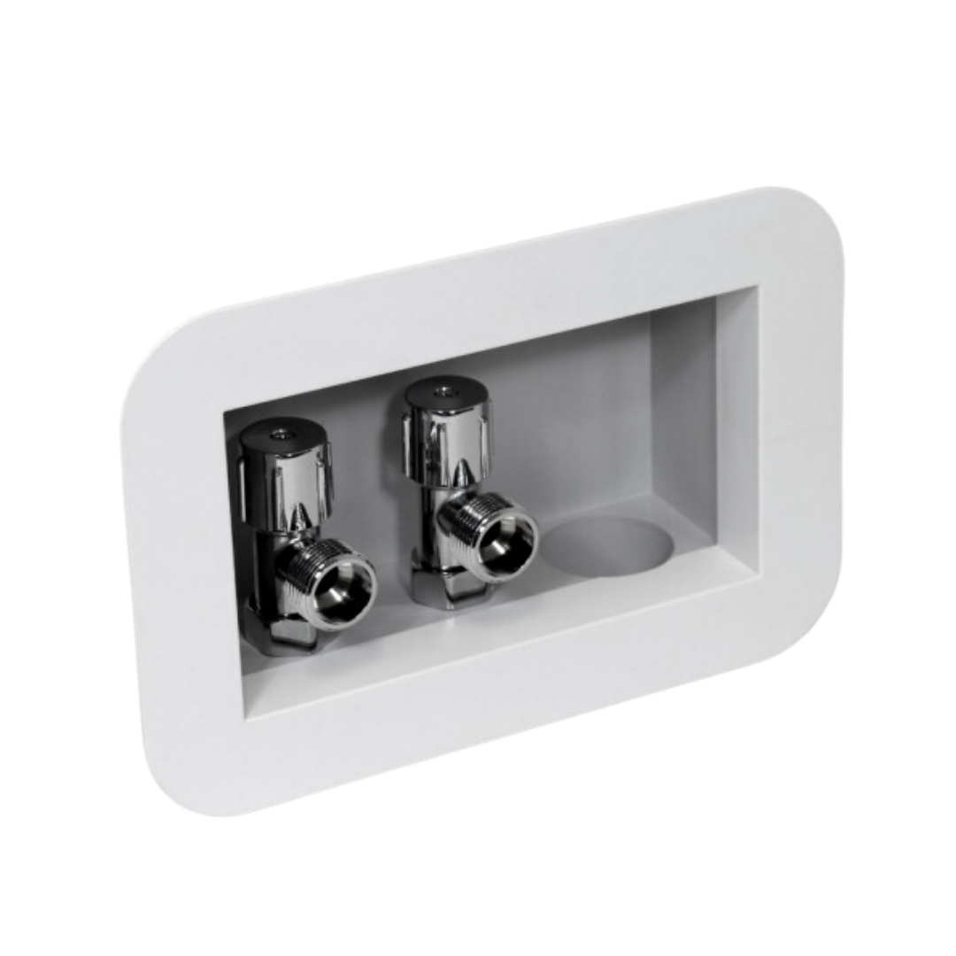 A white recessed laundry outlet box with two chrome-plated washing machine taps.