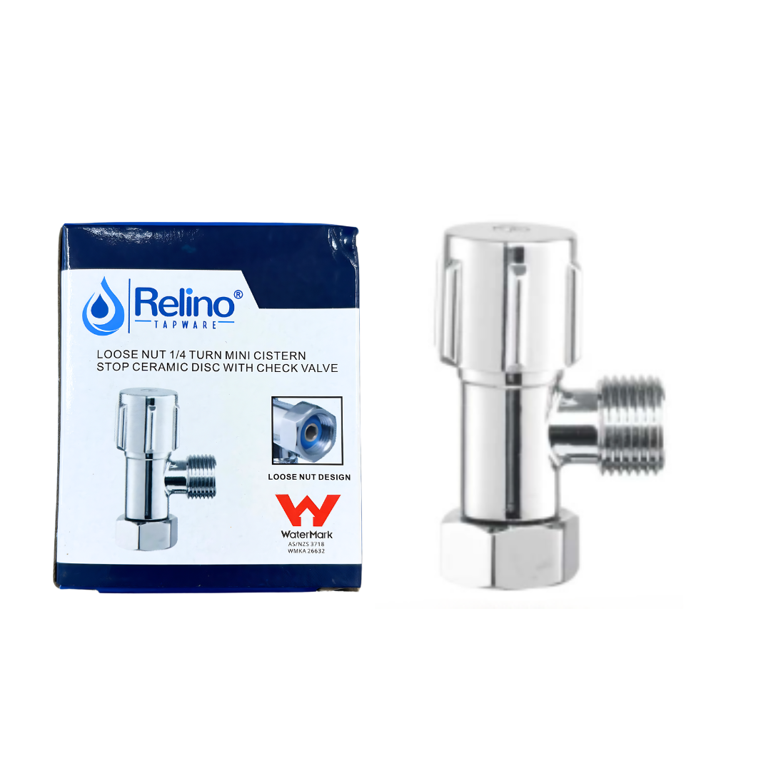 Loose nut mini cistern stop with check valve by Relino, displayed alongside its packaging which indicates the brand and specifications.