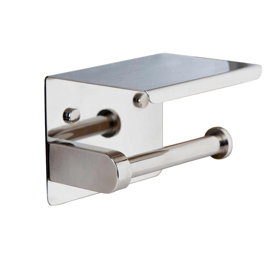 Single Toilet Roll Holder with Shelf Top in Polished Stainless Steel
