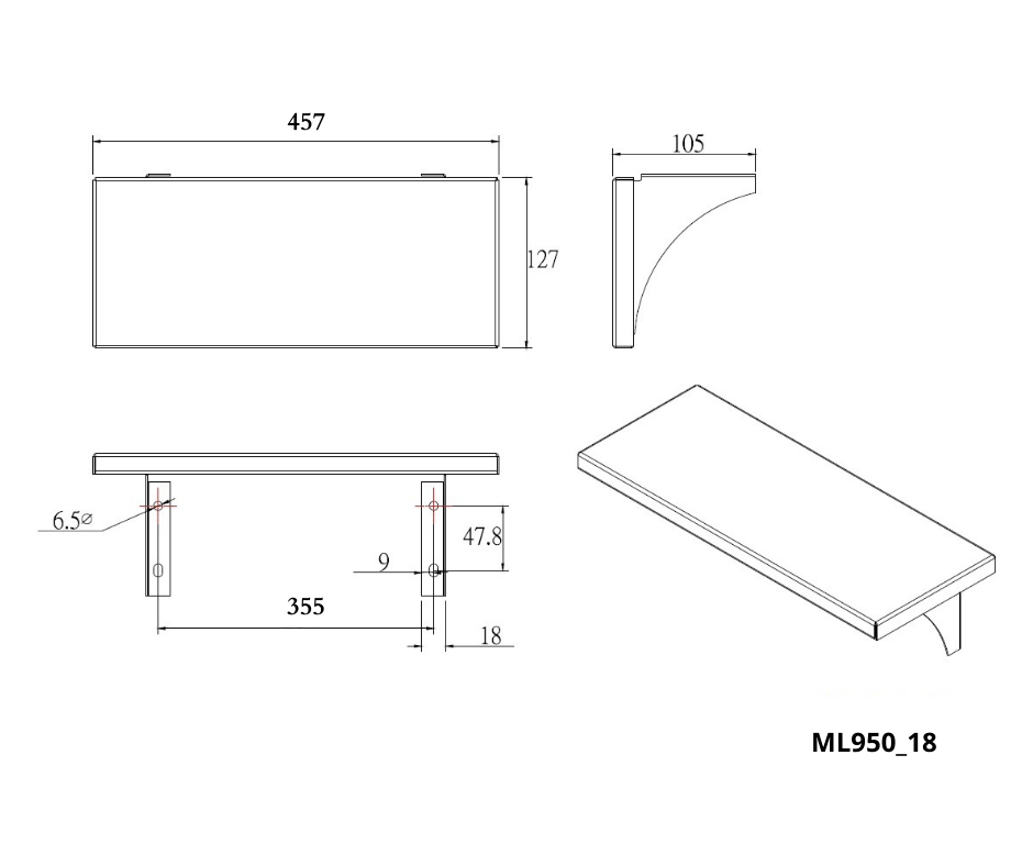457mmW x 105mmH x 127mmD Utility Shelf in Satin Stainless Steel