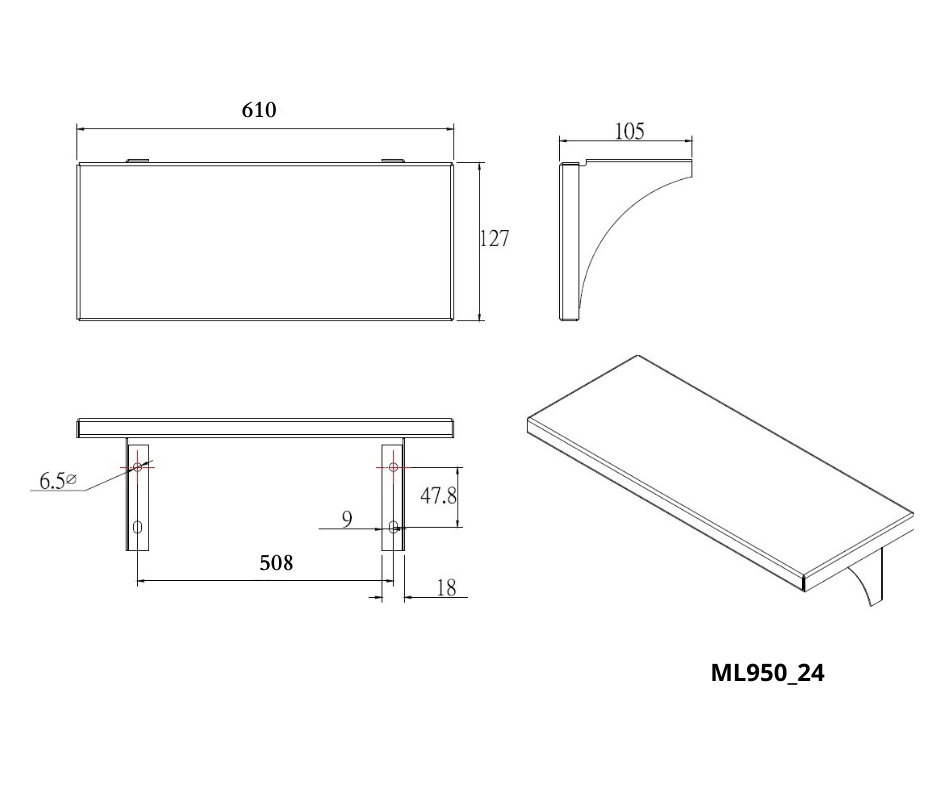 610mmW x 105mmH x 127mmD Utility Shelf in Satin Stainless Steel