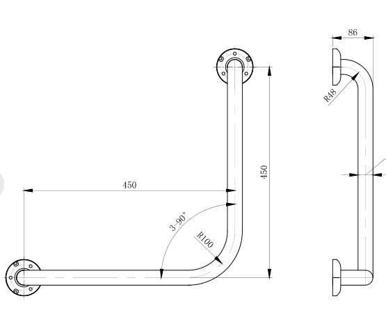90° Ambulant Grab Rail 450x450mm in Designer Black