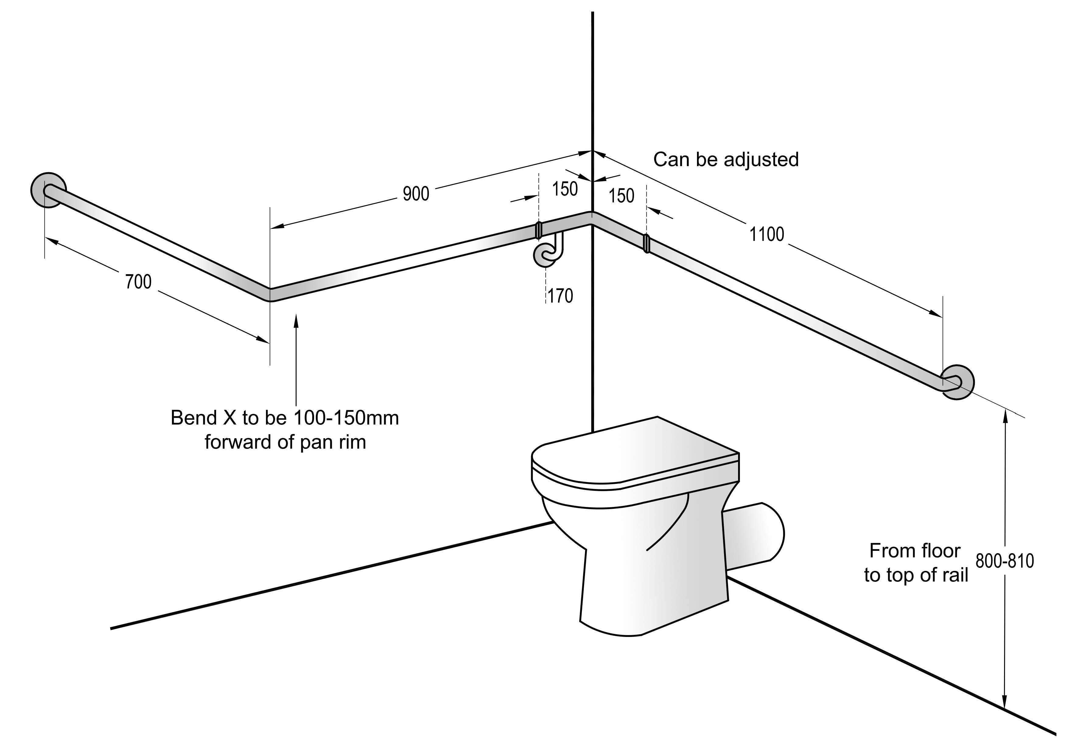 30° Flush Mount Wrap Around Grab Rail Modular 1100x900x700mm RH