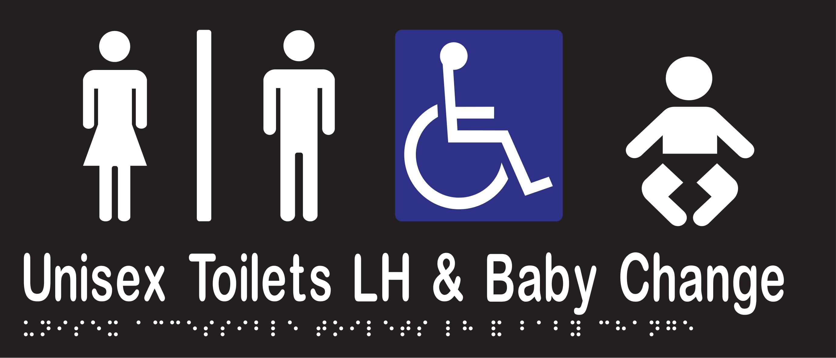 Unisex Accessible Toilets Divided LH & Baby Change Station Braille