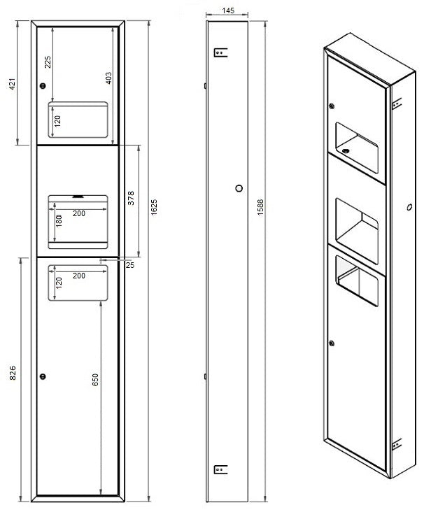 Surface Mounted Paper Towel Dispenser, Hand Dryer & Waste Unit in Satin Stainless Steel