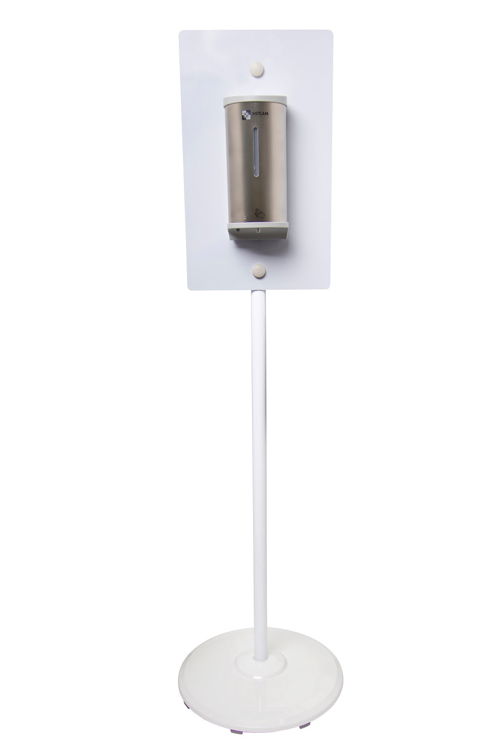 Stand in White & Sanitiser Dispenser Kit in Stainless Steel