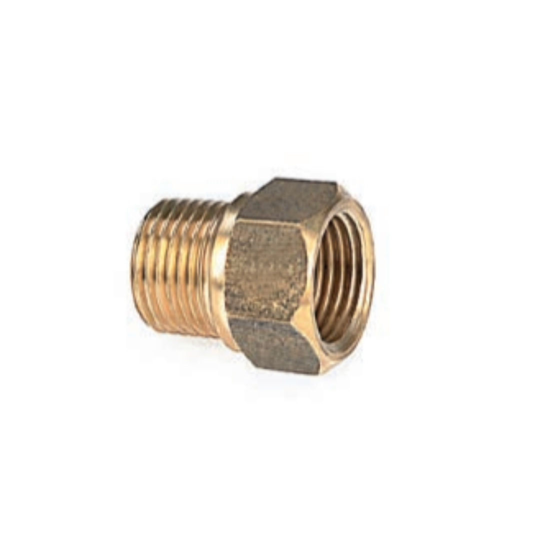 A gold-colored brass male/female adaptor for plumbing.