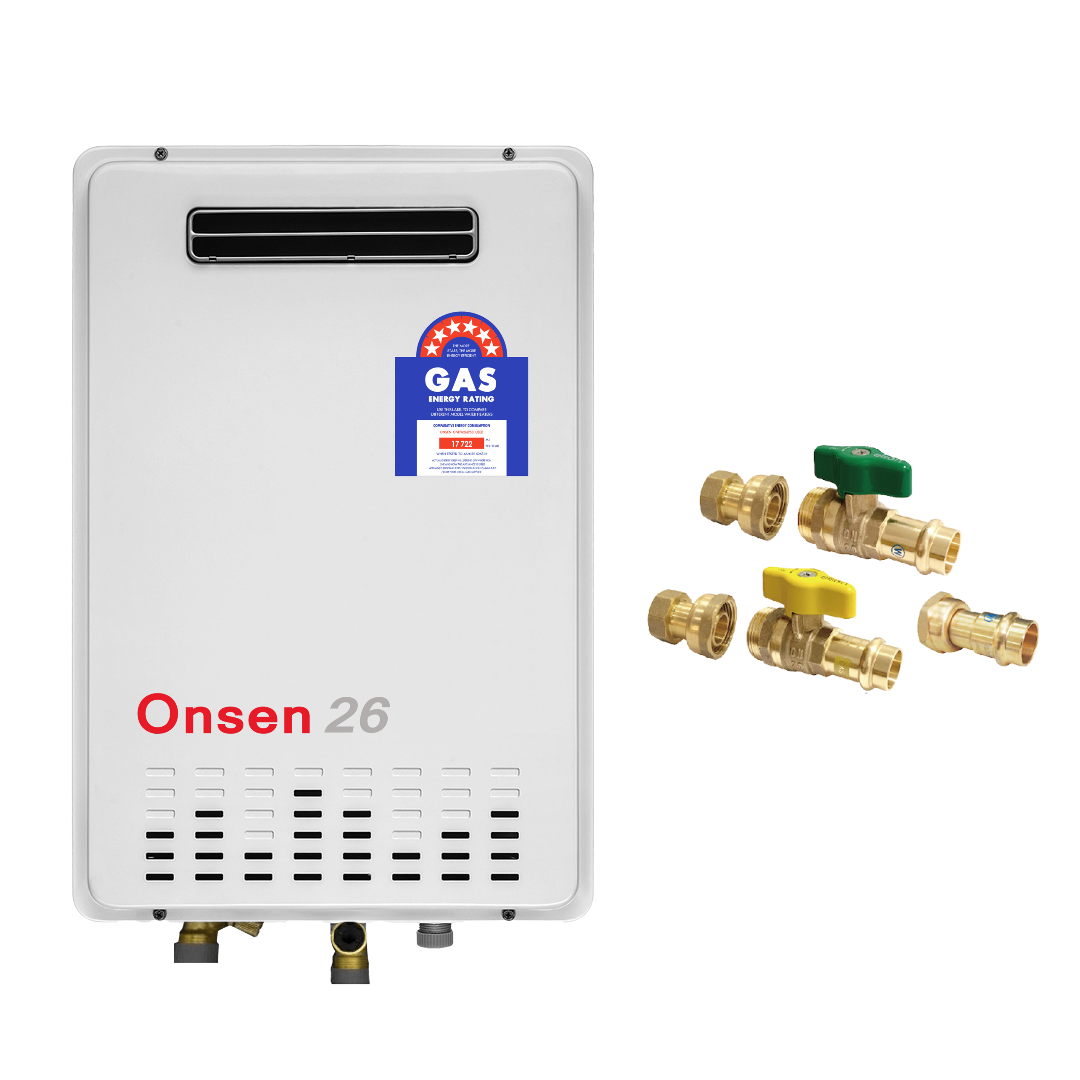 Onsen continuous flow hot water unit with LPG logo and a set of brass hot and cold water ball valves.