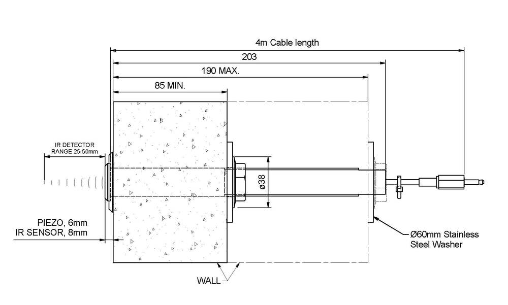 Wallgate Dual Flush Infra-Red Sensor with 4m Cable; to suit Solid Wall (85-190mm Wall)