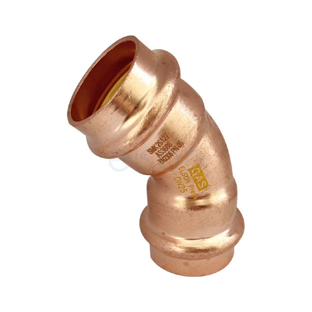 A bronze-colored brass elbow gas press fitting with a 'V' profile and 'LEAK BEFORE PRESS' inscription around the middle.