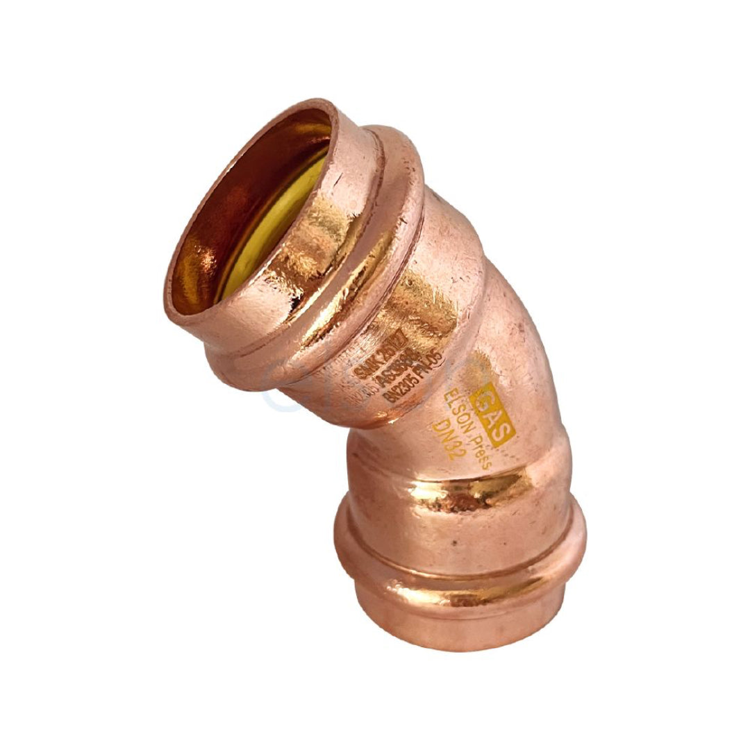 Copper elbow pipe fitting on a white background