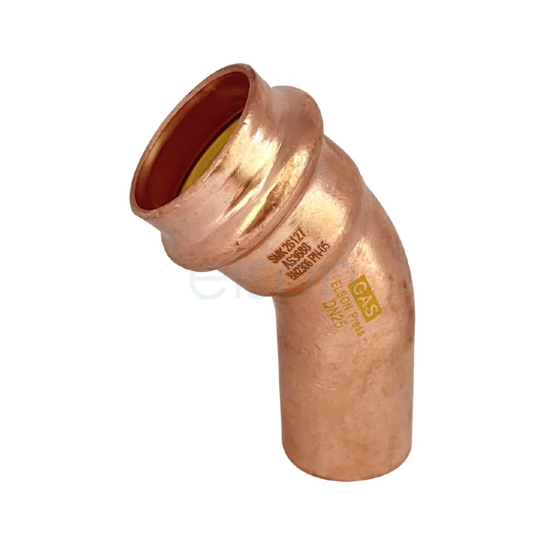 Copper elbow pipe fitting on a white background