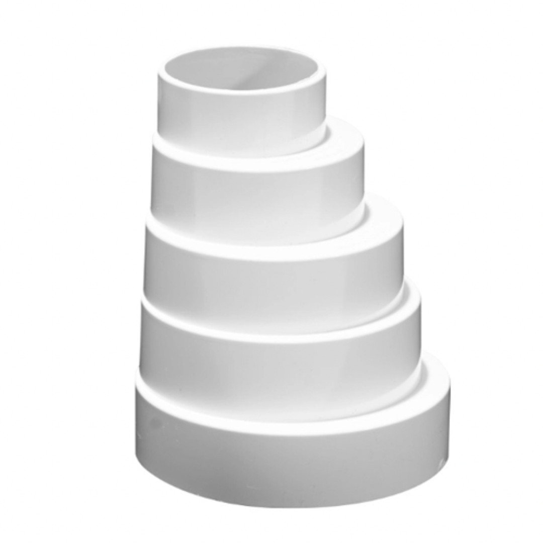 A white PVC stormwater multi reducer with multiple concentric circular tiers.