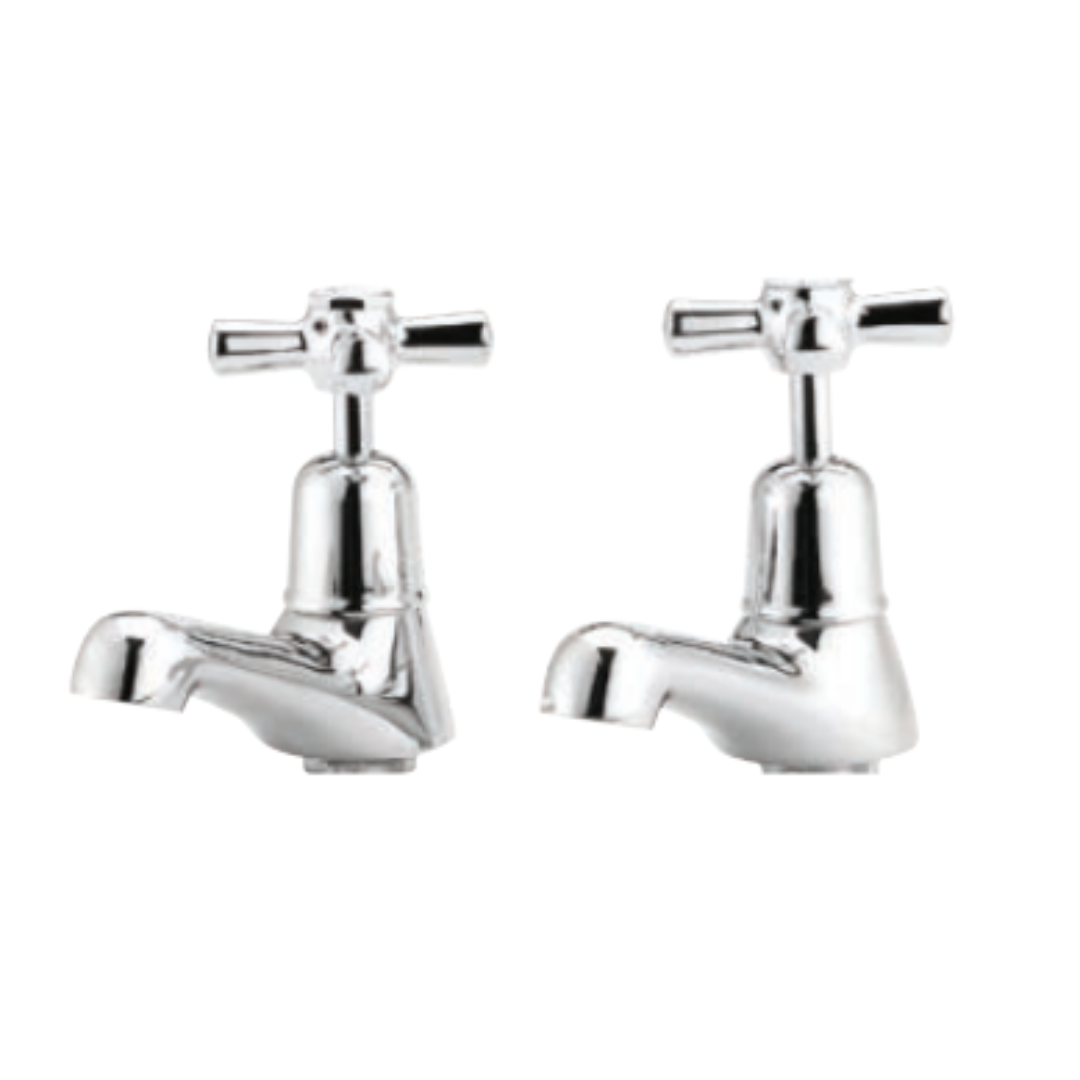 A pair of chrome-plated hot and cold pillar taps with cross handles.