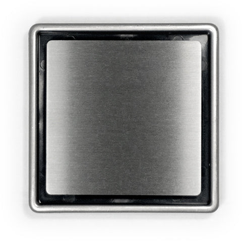 A stainless steel shower drain grate designed for tiled floors.