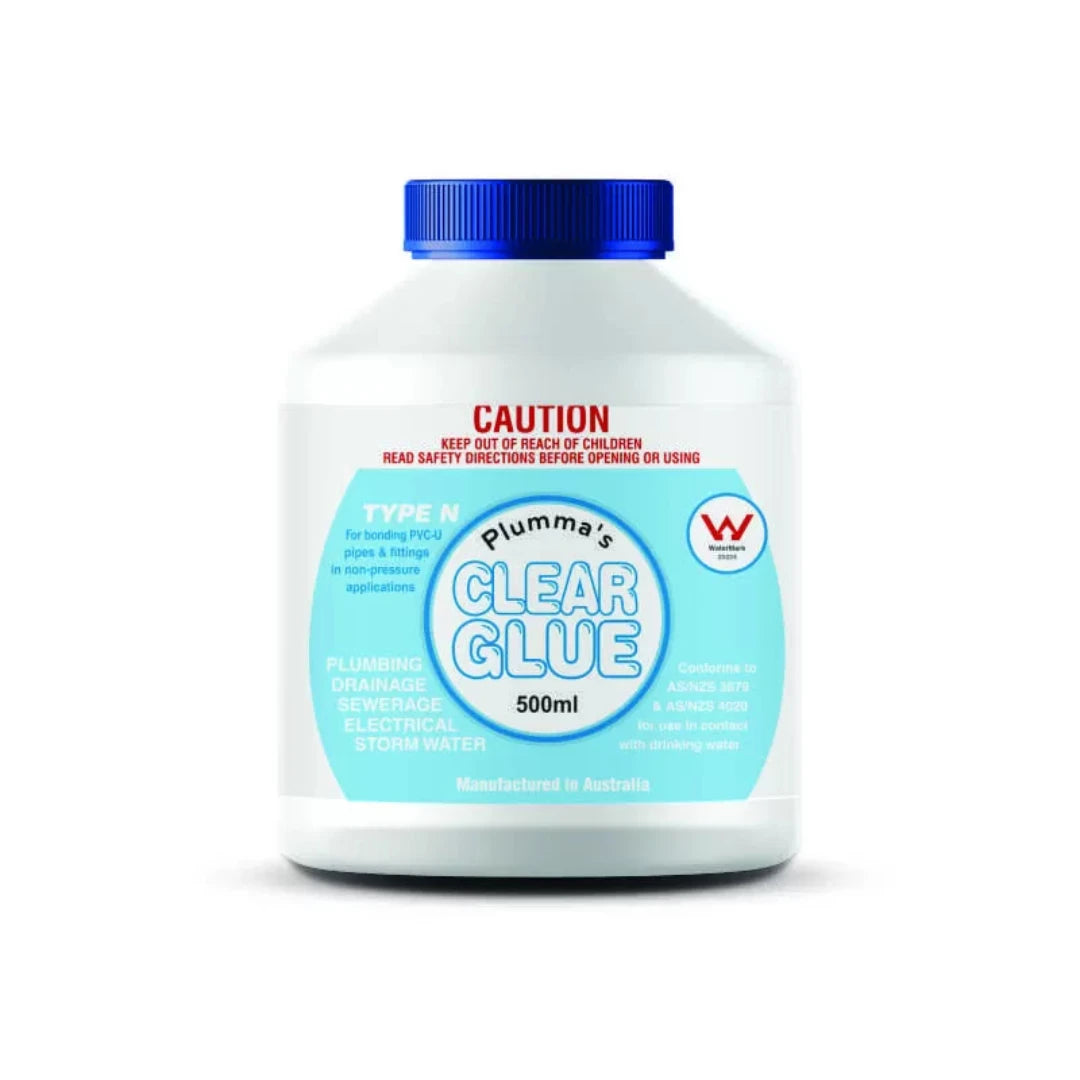A 500ml container of Plumma's Clear Glue Type N Solvent Cement with a blue lid and label.