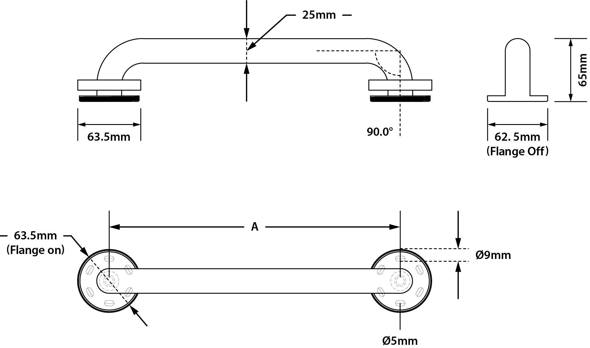 25mm° 450mm Straight Grab Rail in Polished Stainless Steel