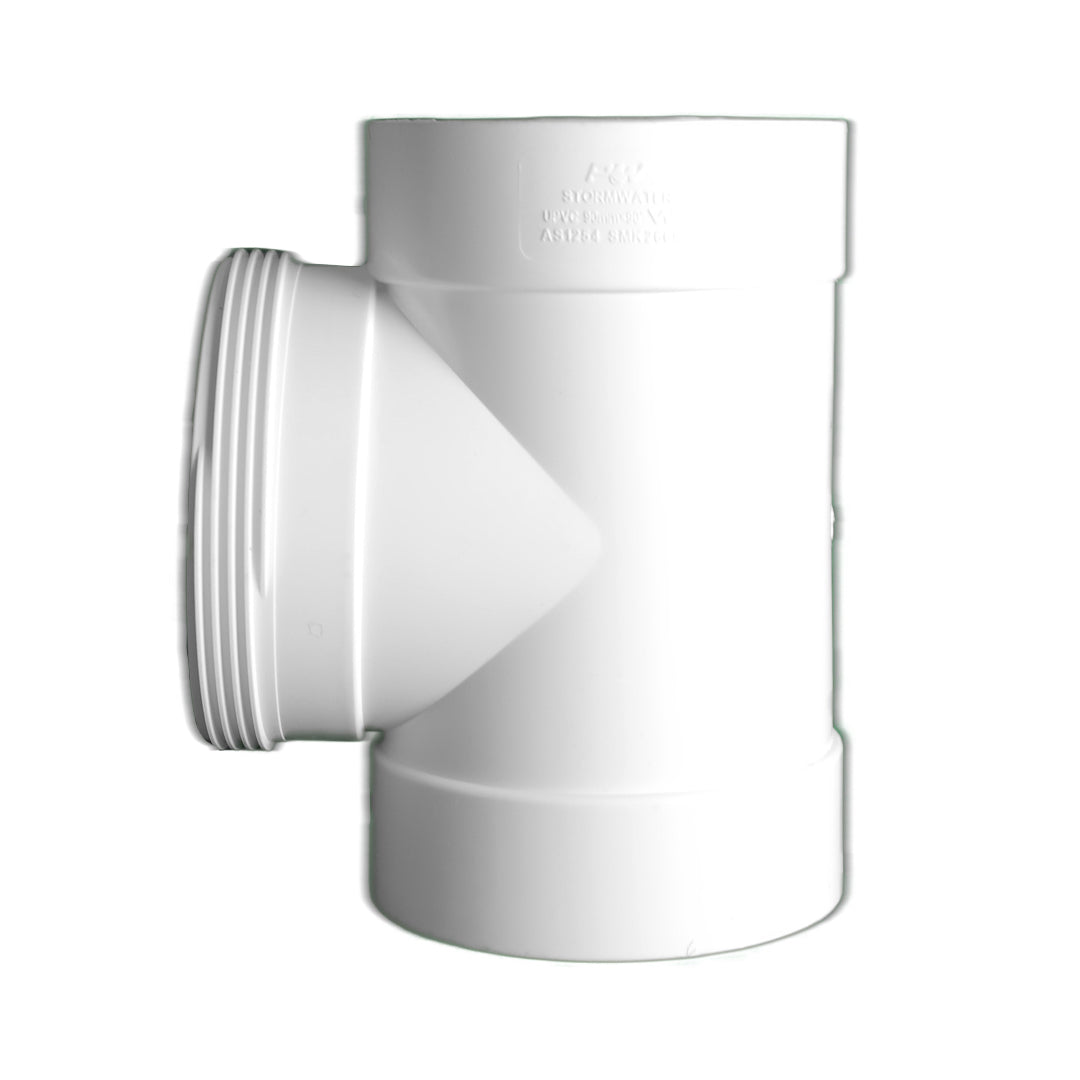 A white PVC stormwater junction with a 90mm diameter and 90 degree angle between the female and female plain ends.