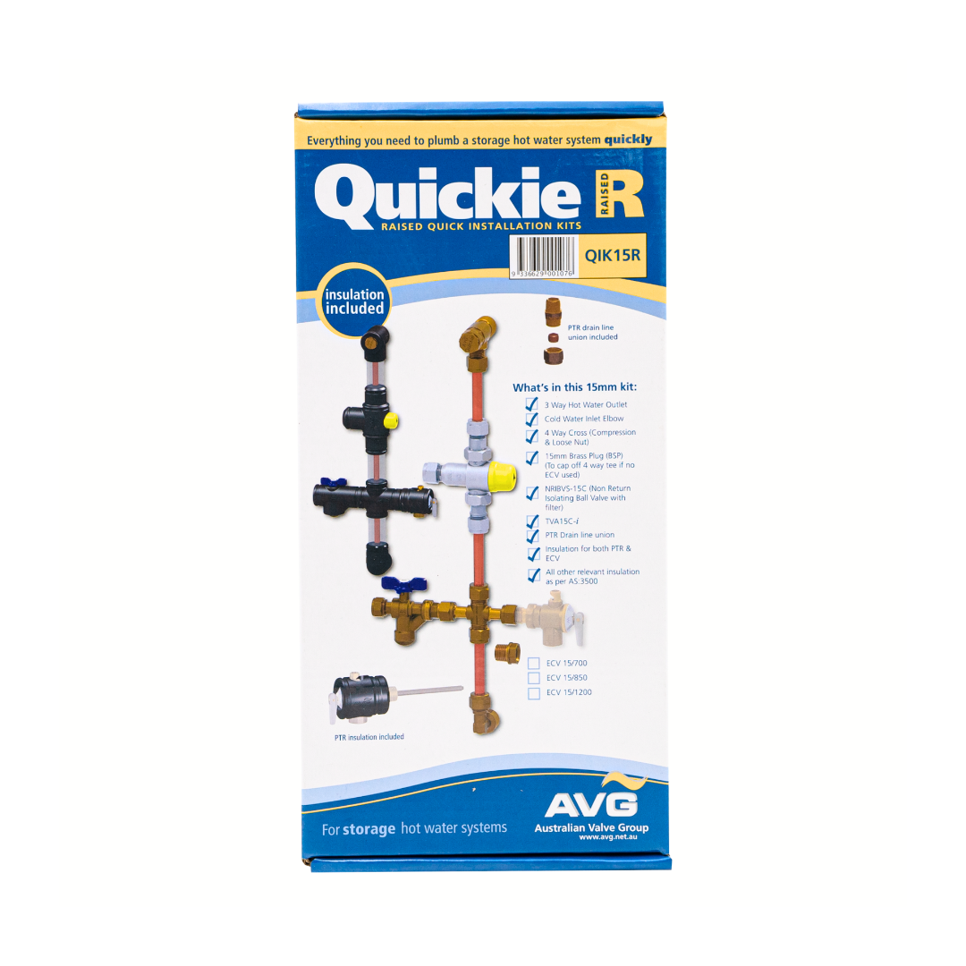 Packaging of the Quickie R20 hot water system kit by AVG, displaying the kit contents and instructions.