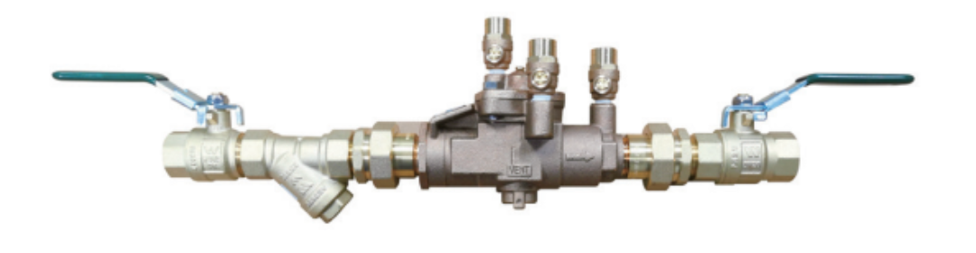 A brass water pressure regulator with integrated ball valves and unions, featuring blue handles on the valves.