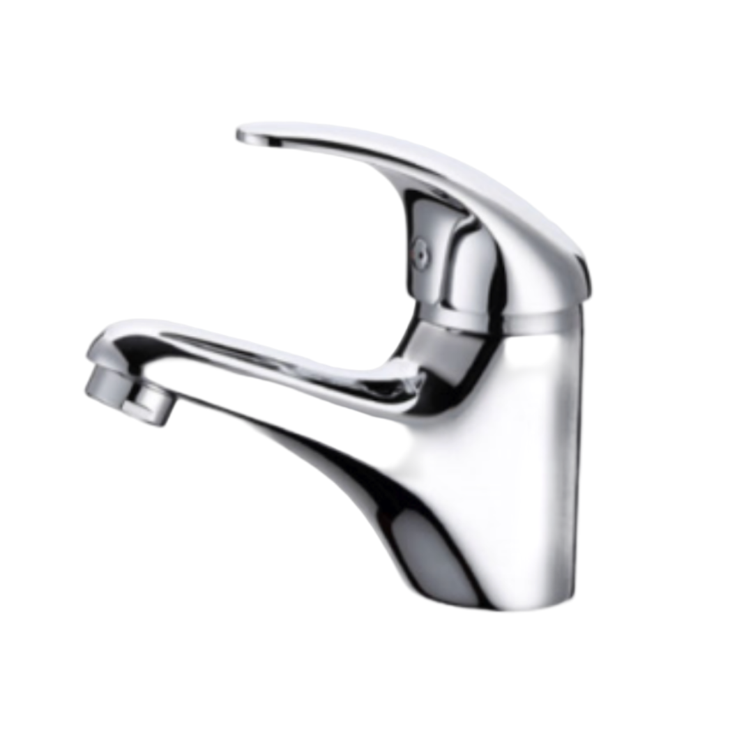 A silver-colored basin mixer with a fixed spout and ceramic disc cartridge.