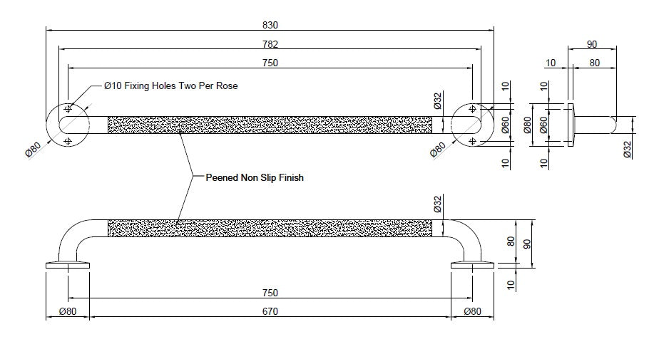 750mm Straight Peened Grab Rail