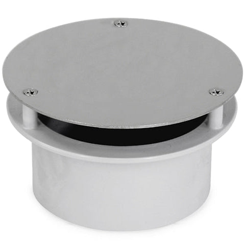 A overflow roof drain cover with a round shape and a slightly elevated center, designed to fit onto a pipe opening on a roof.