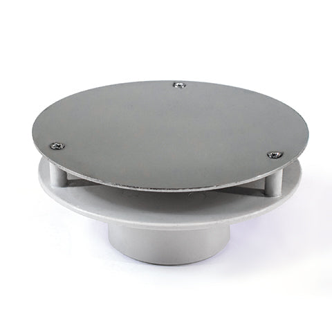 A overflow roof drain cover with a round shape and a slightly elevated center, designed to fit onto a pipe opening on a roof.