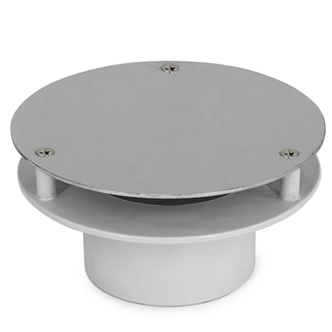 A overflow roof drain cover with a round shape and a slightly elevated center, designed to fit onto a pipe opening on a roof.