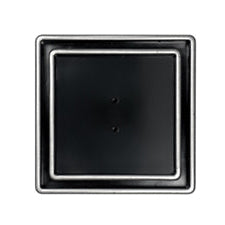 A black tile insert shower drain with a stainless steel edge, designed to be discreet and blend in with the surrounding floor.