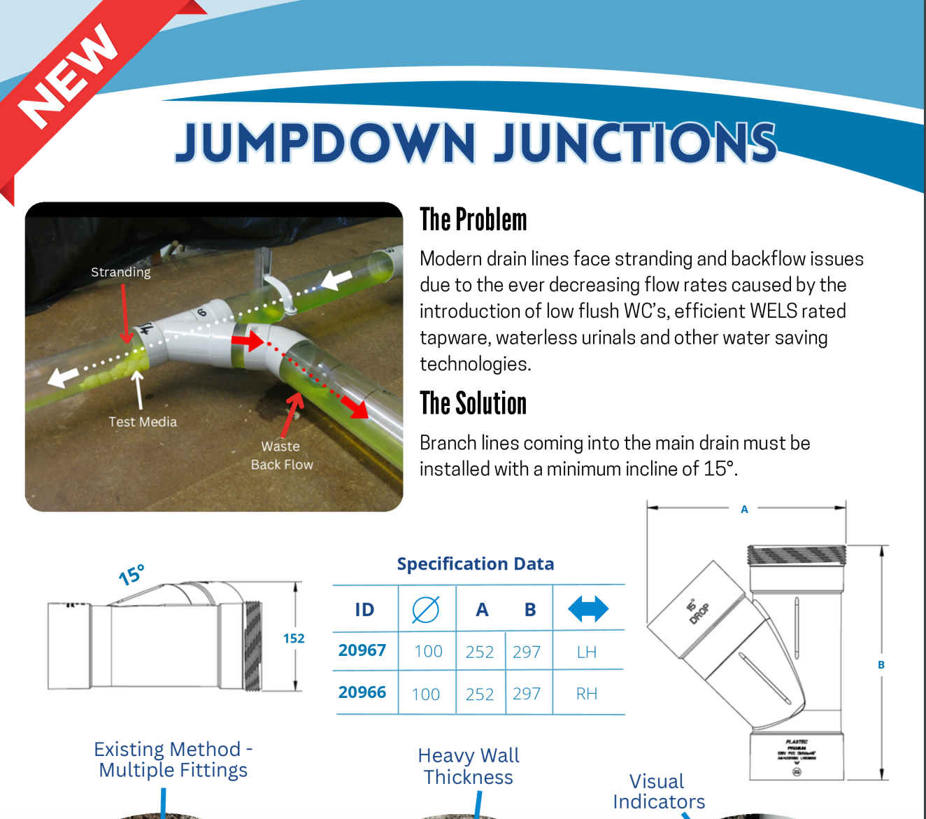 DWV Jumpdown Junction 100mm X 45 Deg X 15 Deg PVC