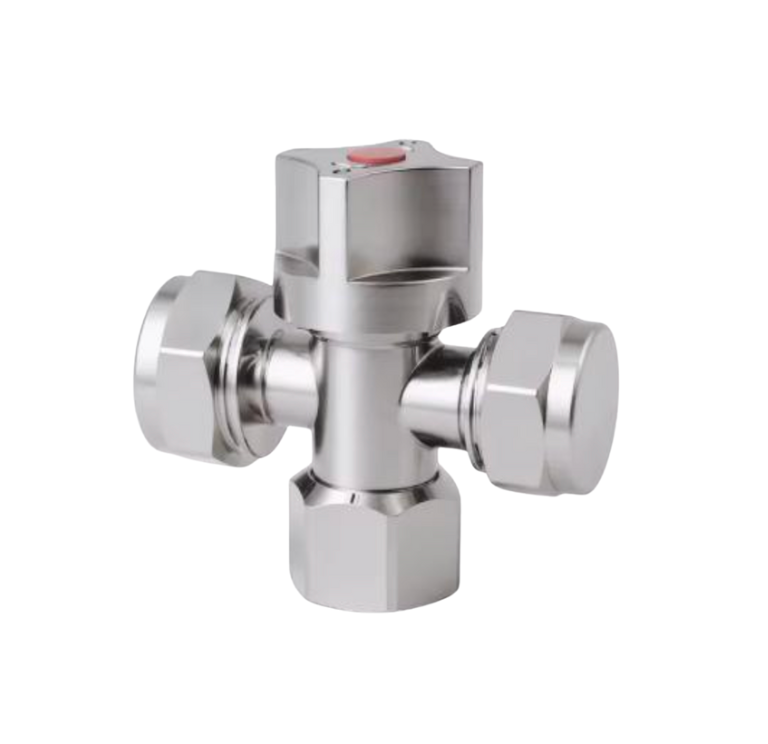 2-Way ¼ Turn Stop Valve – Tritec Loose Nut Chrome - 15mm Inlet with 20mm Outlet + 15mm Outlet