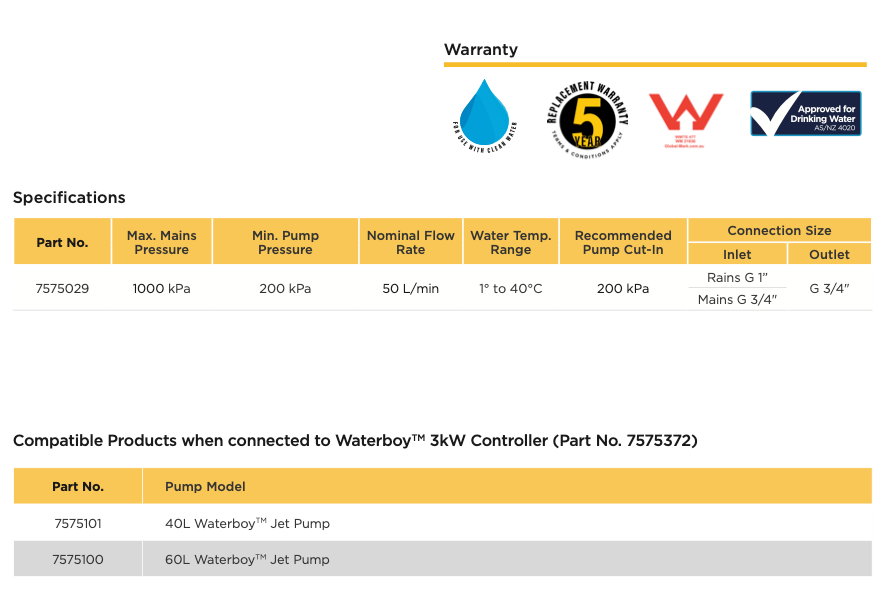 Waterboy Hydro Switch Rain to Mains Changeover Valve