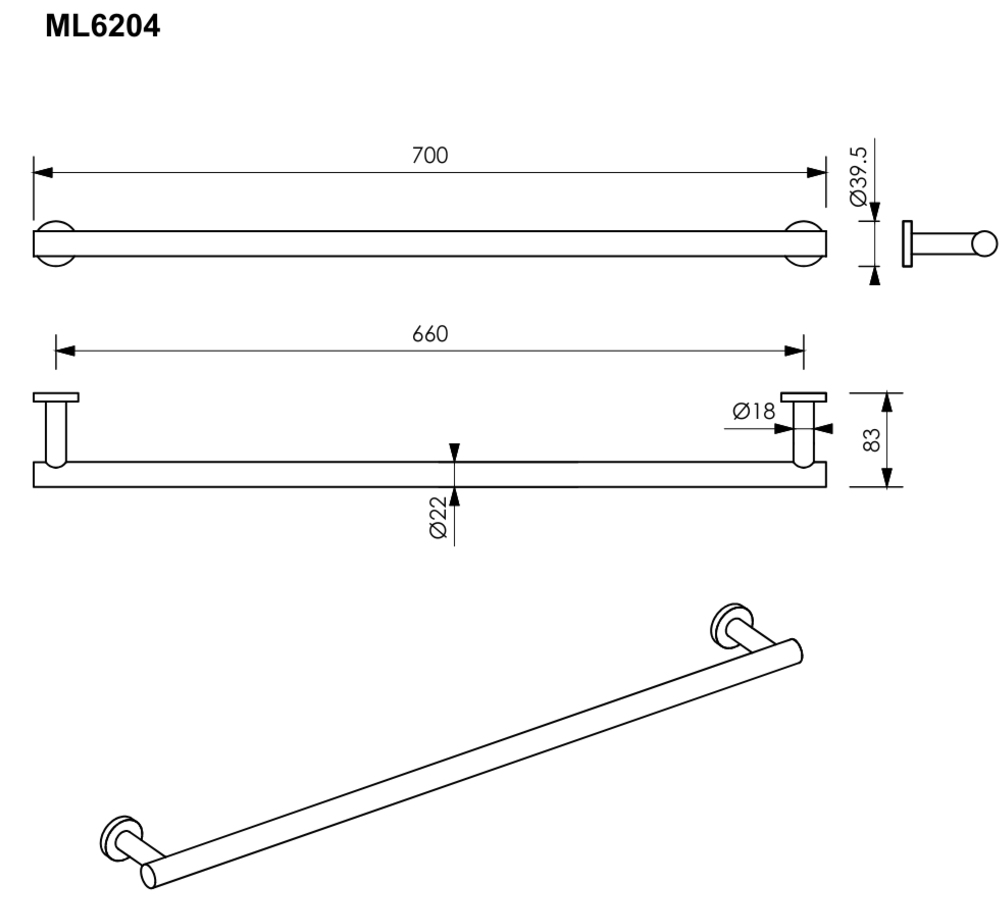 700mm Lachlan Single Towel Bar in Bright Chrome Plate