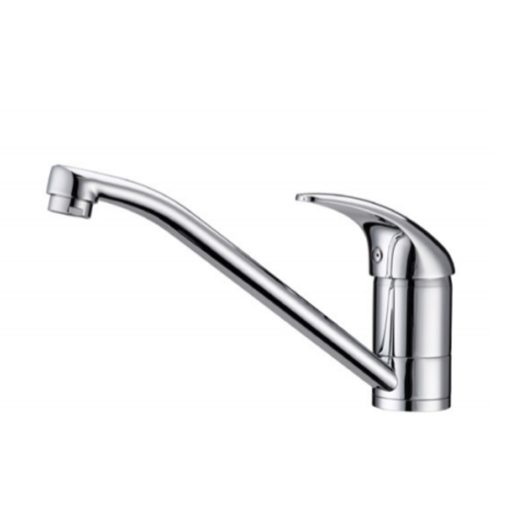 A silver-colored sink mixer with a swivel spout and a 40mm ceramic disc cartridge.
