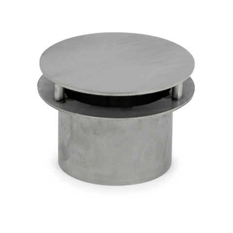 A overflow roof drain cover with a round shape and a slightly elevated center, designed to fit onto a pipe opening on a roof.