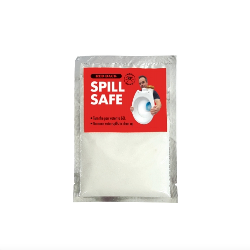 A packet of Spill Safe gel, designed to turn pan water into a non-spill gel, with a label featuring an image of a toilet and text describing the product's use.