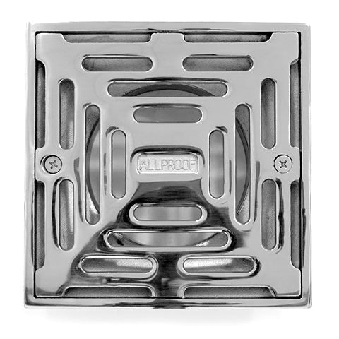 A high-polished 316-grade stainless steel stormwater drain cover with a square design and a central grate.