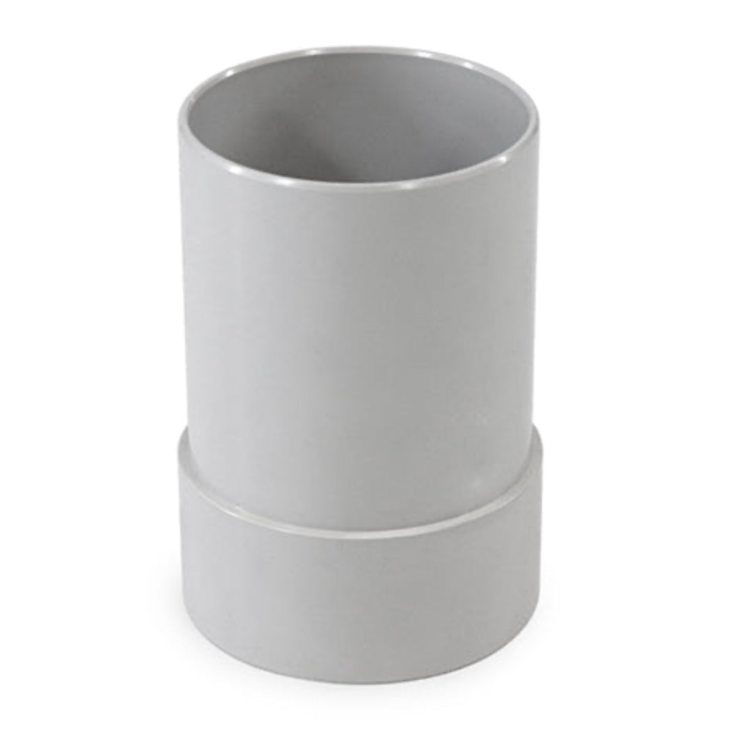 A gray straight coupler for plumbing, with a smooth finish and no visible branding.
