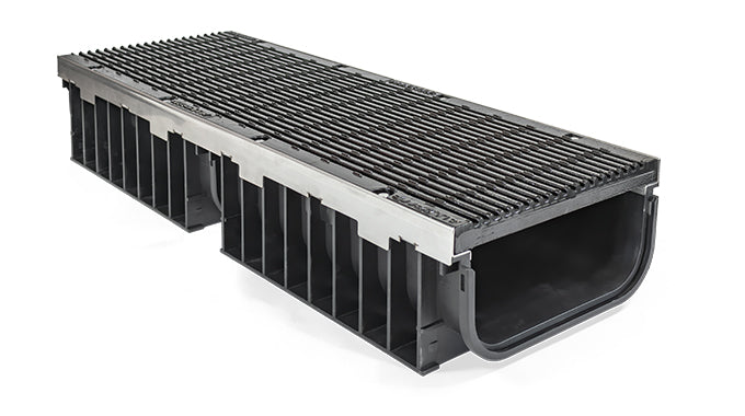 A 300x150mm clear opening strip drain with a stainless or galvanised strip drain edge rail, made from recycled polypropylene.