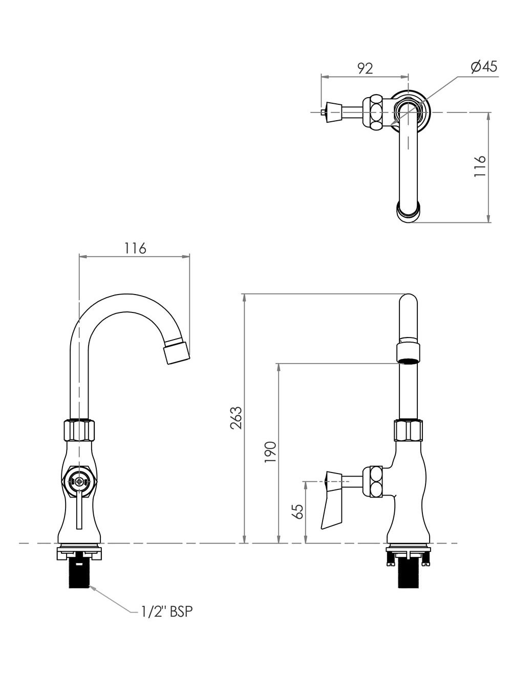 Stainless Steel Single Hob Mount Body with Single Control and Gooseneck Spout