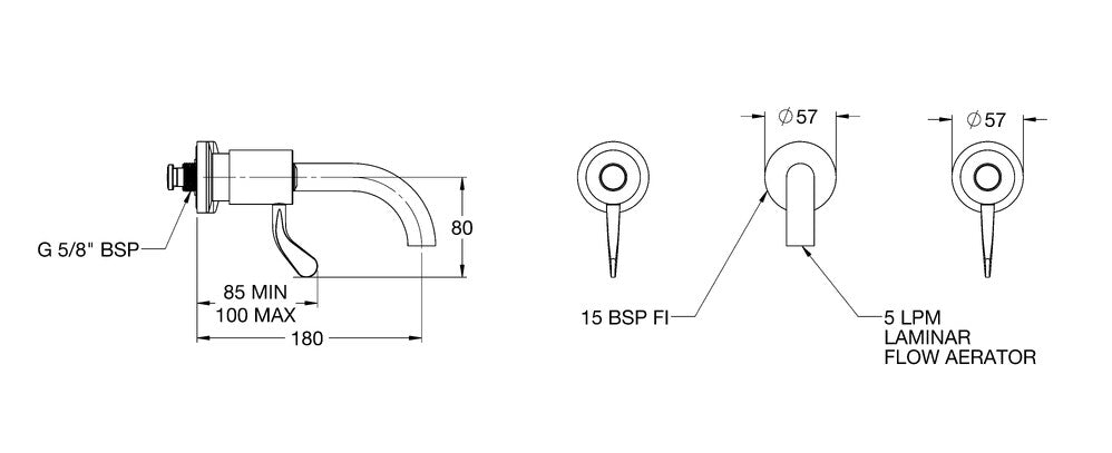 CliniLever® CP-BS Hospital Wall Bath Set 80 J/V with 180mm Outlet Laminar